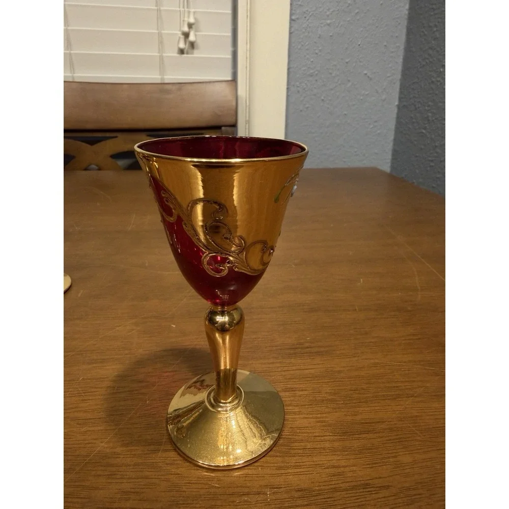 Lot Of 5 Vintage Handmade Murano Multi Color Gold Tre Fuochi Cordial Glasses